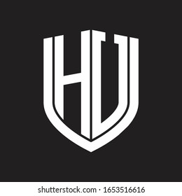 Monograma del logotipo HU con diseño de escudo de emblemas aislado en fondo negro