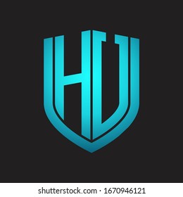 HU Logo monogram with emblem shield design isolated with blue colors on black background