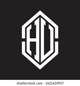 HU Logo monogram with hexagon shape and outline slice style with black and white