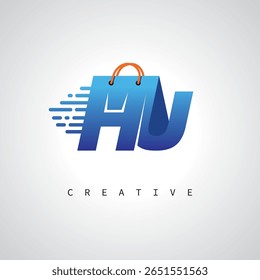 HU Shopping Monogram – Fast Delivery E-commerce Logo with Bag Icon and Digital Branding for Online Store, Retail and Logistic Identity

