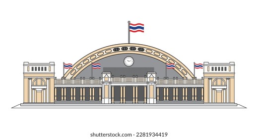 Hua Lamphong old and famous railway or train station in Bangkok Thailand drawing in vector