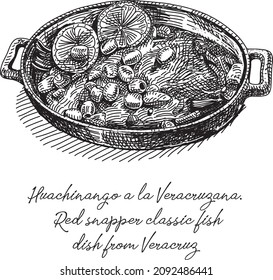 Huachinango from Veracruz.
Red snapper classic fish dish from Veracruz Tapas stock vector. Sketchy hand-drawn vector illustration.