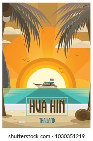 Huahin beach, Thailand. Vector Illustration for Poster or Postcard. EPS 10.