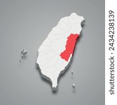 Hualien County division highlighted in red on a grey Taiwan 3d map