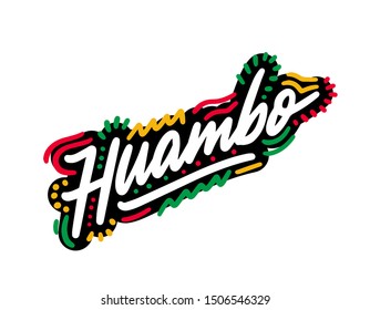 Huambo Word Text Creative Handwritten Font and Swoosh Shape Design Vector Illustration.