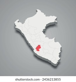 Huancavelica department highlighted in red on a grey Peru 3d map