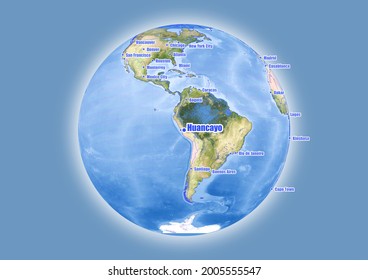 Huancayo-Peru is shown on vector globe map. The map shows Huancayo-Peru 's location in the world.