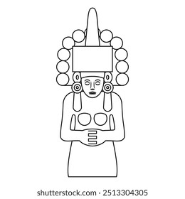 Huastecan or Totonac goddess of maize Centeocihuatl. Pre-Columbian Native American ethnic art from El Zapotan, Veracruz, Mexico. Black and white linear silhouette.