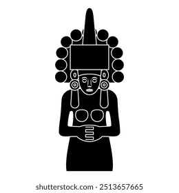 Huastecan or Totonac goddess of maize Centeocihuatl. Pre-Columbian Native American ethnic art from Mexico. Black and white silhouette.