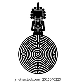 Huastecan or Totonac goddess of maize Centeocihuatl and a round spiral maze or labyrinth symbol. Mystery of Pre-Columbian Native American culture. Ethnic art from Mexico. Black and white silhouette.