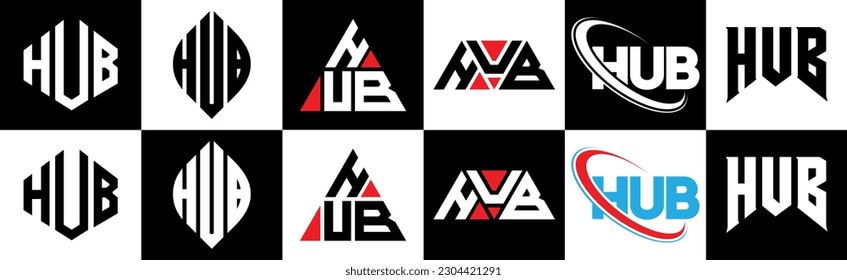 HUB letter logo design in six style. HUB polygon, circle, triangle, hexagon, flat and simple style with black and white color variation letter logo set in one artboard. HUB minimalist and classic logo