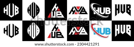 HUB letter logo design in six style. HUB polygon, circle, triangle, hexagon, flat and simple style with black and white color variation letter logo set in one artboard. HUB minimalist and classic logo