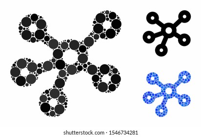 Hub links composition of small circles in various sizes and color hues, based on hub links icon. Vector small circles are organized into blue mosaic. Dotted hub links icon in usual and blue versions.