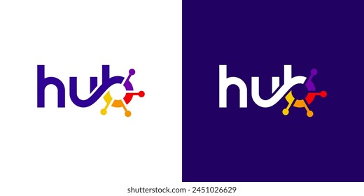 Hub logo design wordmark. Technology connection abstract dot, molecule and biotechnology system graphic design vector illustration. Symbol, icon, creative.