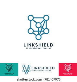 Hub network connection isolated minimal flat line icon, Illustration of lines and dots connected to the shield shape.
