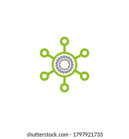 Hub network with gear. Project management, settings. line icon isolated on white. Tech or technology logo. Server or central database button.  