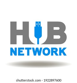 Hub network words with usb plug cable type a vector icon. Hub network symbol.