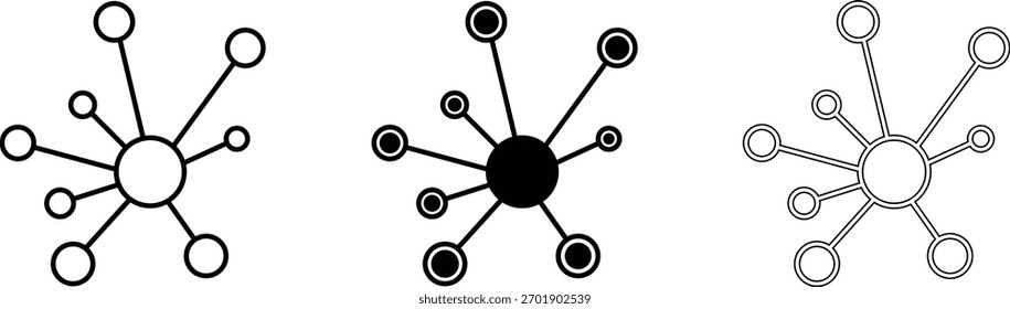 Conjunto de ícones de conexão de rede hub e spoke, ilustração de vetor de compartilhamento de dados e banco de dados central para web, aplicativo e design de tecnologia em plano de fundo transparente