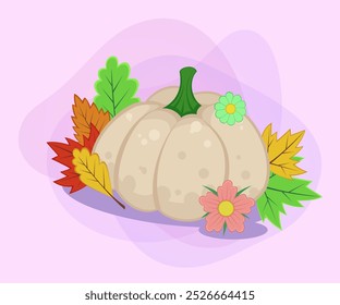 Hubbard squash with autumn leaves and flowers vector illustration. Cartoon drawings for poster or banner design. Nature, vegetables, autumn or fall, harvest, Thanksgiving day concept