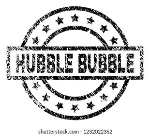 HUBBLE BUBBLE stamp seal watermark with distress style. Designed with rectangle, circles and stars. Black vector rubber print of HUBBLE BUBBLE text with corroded texture.