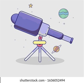 Hubble Space Telescope Retro Icon With Planet Flying Among The Stars. Astronomy, Scope, Space