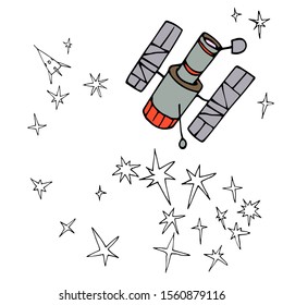 Hubble space telescope with solar panels flying among the stars, vector illustration isolated on white background in hand drawn style