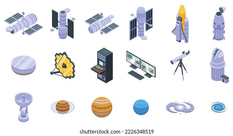 Hubble telescope icons set isometric vector. Space technology. Globe world