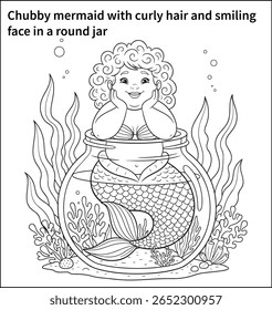 hubby mermaid with curly hair and smiling face in a round jar, resting her chin on her hands, surrounded by underwater plants.