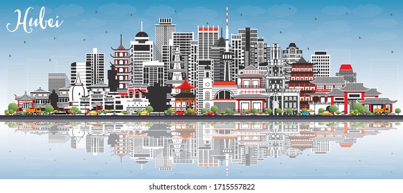 Hubei Province in China. City Skyline with Gray Buildings, Blue Sky and Reflections. Vector Illustration. Tourism Concept with Historic Architecture. Hubei Cityscape with Landmarks. Wuhan. Xiaogan.