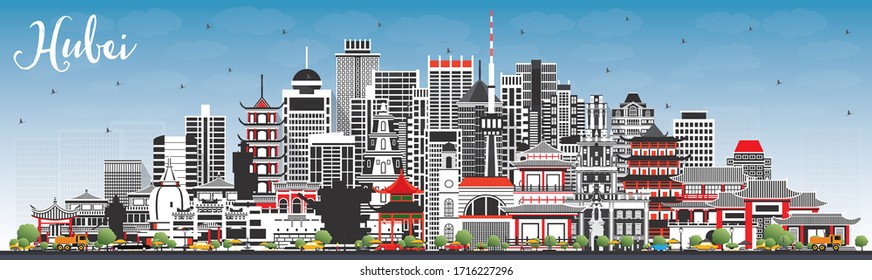 Hubei Province in China. City Skyline with Gray Buildings and Blue Sky. Vector Illustration. Tourism Concept with Historic Architecture. Hubei Cityscape with Landmarks. Wuhan. Xiaogan.