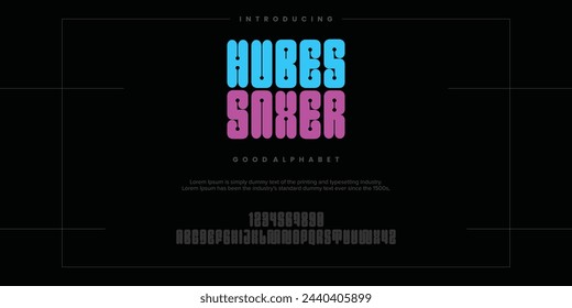 Hubes Saker Modern minimal abstract alphabet fonts. Typography technology, electronic, movie, digital, music, future, logo creative font. vector illustration