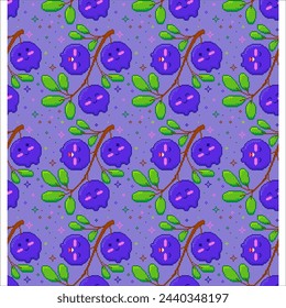 Huckleberry cute seamless pattern with various funny expressions. Illustration of a typical fruit from Idaho, America. With a purple background. Suitable for tablecloth designs, wrapping paper, etc