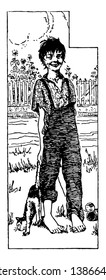 Huckleberry Finn, This Scene Shows A Barefoot Boy Walking And Holding Tail Of Cat In One Hand, Small Plants And Compound In Background, Vintage Line Drawing Or Engraving Illustration