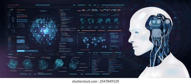 HUD, concepto de asistencia de IA, cabeza de robot 3D, asistente de IA. Interfaz de usuario futurista, en el tablero de instrumentos con gráficos, tierra 3D y otra interfaz de usuario. Inteligencia artificial y HUD moderno. Ilustración vectorial