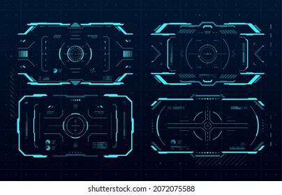 HUD Aim Control Frame Interface, Futuristic Target Vector Screen Ui Of Sci Fi Game. Hologram Dashboard Panels With Digital Target Crosshairs And Neon Viewfinder Frame Borders, Vr Head Up Display