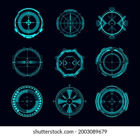 HUD aim control, futuristic target or navigation interface vector design of game ui or gui. Military crosshair, digital focus, sniper weapon scope and collimator sight screen, Sci Fi, shooting games