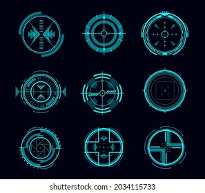 HUD Aim Control, Futuristic Target Or Navigation Interface, Vector Game Ui. Digital Data Screen, Panel Or Dashboard Of Future Technology Head Up Display With Blue Hologram Circles, Arrows, Crosshairs