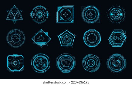 HUD Aim Control Target Panel And Compass Frame. Future Military Plane Or Sci Fi Spaceship Pilot Dashboard Display, Crosshair Target Aim Or Altimeter, VR Game UI Vector Panel Or Blue Neon Display