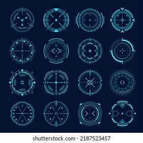 HUD Aim Target, Military Crosshair, Sniper Scope Of Futuristic Game Ui. Vector Circles With Digital Focus Range Indicators For Optical Sight Of Modern Gun Or Weapon, Hightech Technology Aiming System