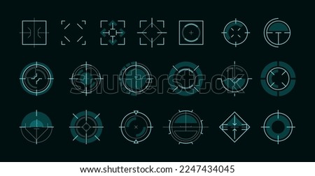 HUD aim ui. Futuristic circle target frame for game user interface, military sniper weapon sight hologram, sci-fi focus of hud ui tech, frame game circle. Vector illustration