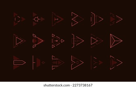 Hud arrows. Direction sign and pointer mark holographic game asset, futuristic design elements, neon cursor and next display button. Vector set. Red shining icon collection of different shapes