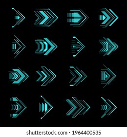 Hud arrows, futuristic navigation pointers, Sci Fi Ui interface vector elements. Futuristic neon glowing buttons for computer game or app menu, modern graphic design in digital techno style set