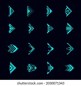 Hud Arrows, Futuristic Navigation Pointers, Sci Fi Ui Interface. Digital Techno Style Vector Elements. Neon Glowing Buttons For Computer Game Or App Menu, Modern Graphic Design Cursor Symbols Set
