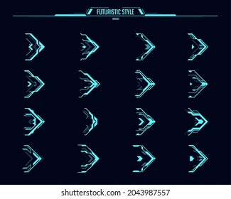 HUD arrows and futuristic navigation pointers, vector ui or gui interface. Sci fi game head up display elements, neon arrows for cursor, right movement, direction pointers and next button design