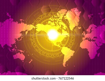 HUD atack design with world geographical map. Target on USA. America North Korea conflict. Vector