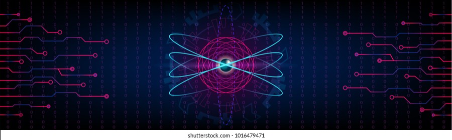 HUD atom futuristic panoramic background with electrons, metallic core and numbers. Future sci fi circles with internet technology and business interface background. Infographic data. Vector.