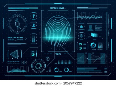 HUD biometric access control interface. Fingerprint scanner, digital identification or authentication technology. Vector thumb print with neon glowing infographic elements, DNA, graphs and charts