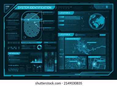 HUD biometric access control interface, fingerprint scanner for digital identification, vector futuristic technology. HUD face recognition and fingerprint scan for ID verification and security access