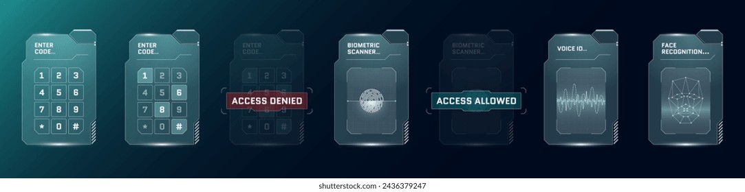 HUD conjunto de identificación biométrica. Interfaz de usuario digital de reconocimiento GUI o FUI. Panel de entrada de código PIN de verificación de seguridad personal. Escáner de identidad humana y panel táctil numérico. Pantalla de protección vectorial