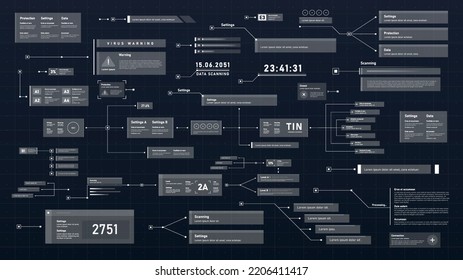 HUD boxes callouts titles. Collection of graphic elements for website, futuristic interface for apps. Cyber space and digital world, innovations. UI and UX design. Cartoon flat vector illustration